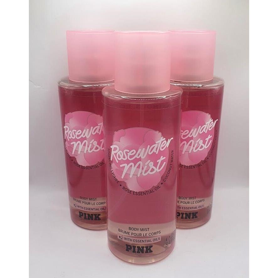 Victoria`s Secret Pink Rosewater Body Mist 8.4 FL OZ Set OF 3