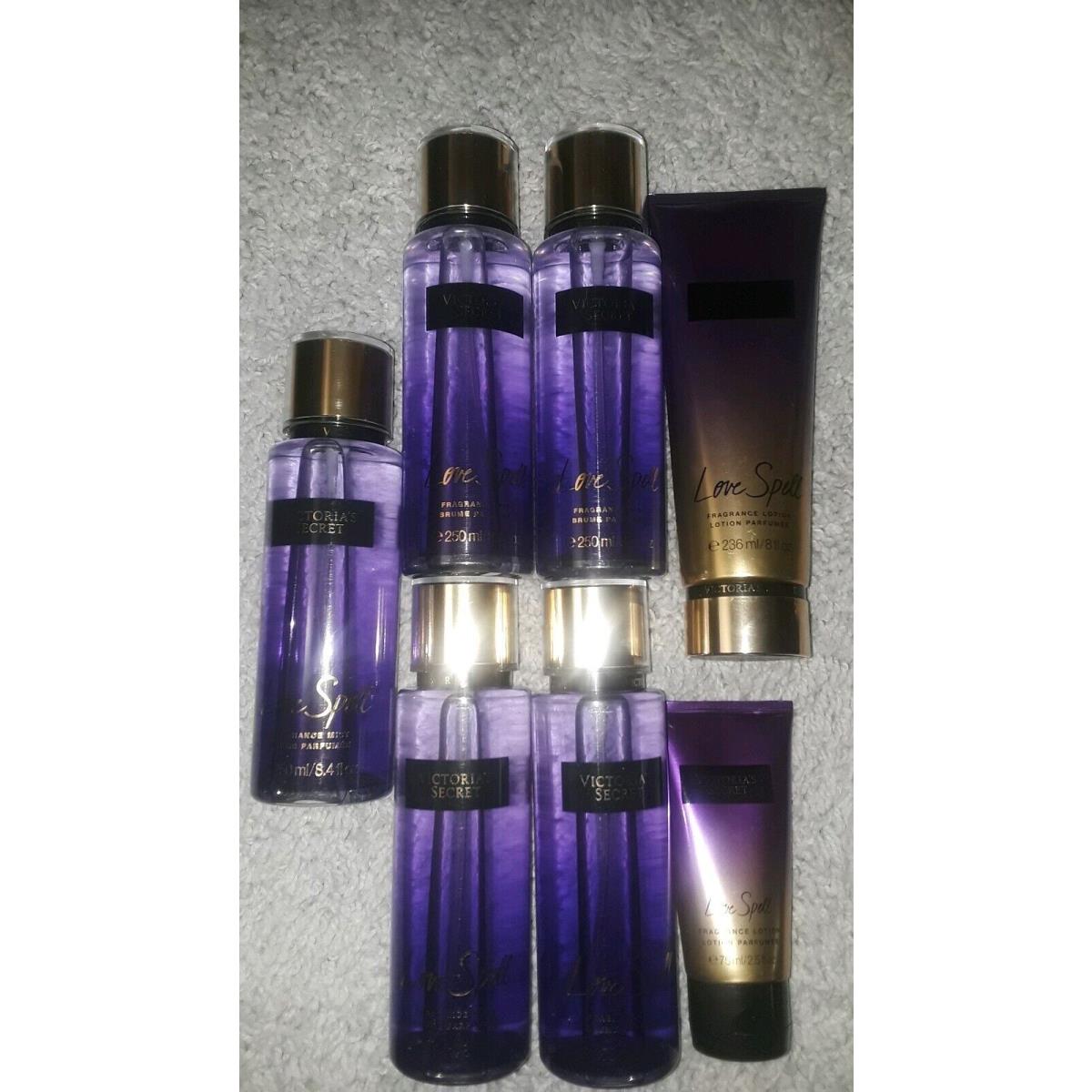 Victoria`s Secret VS 7pc Love Spell Set 5 Full Sized Mists 1 Full 1 Travel Sized Lotions