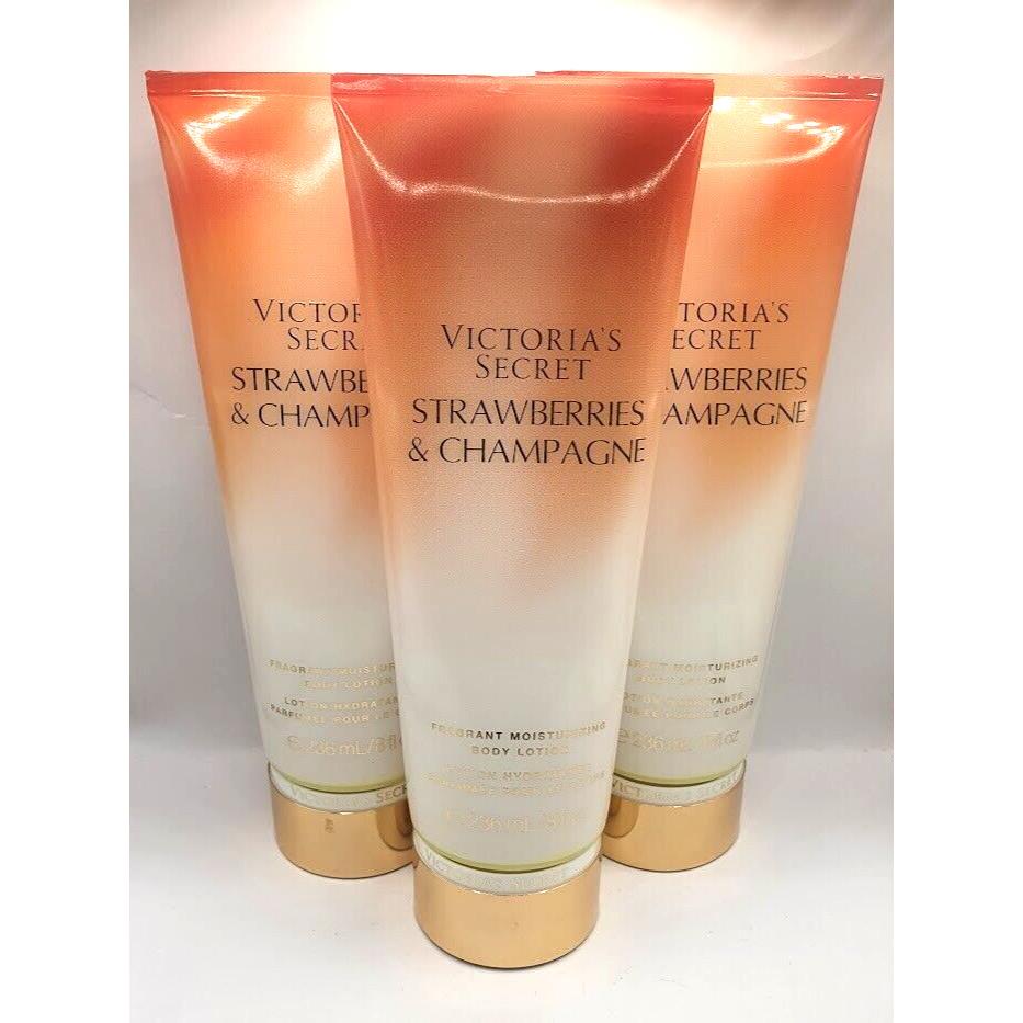 Victoria`s Secret Strawberries Champagne Body Lotion 8.0 FL OZ Set OF 3