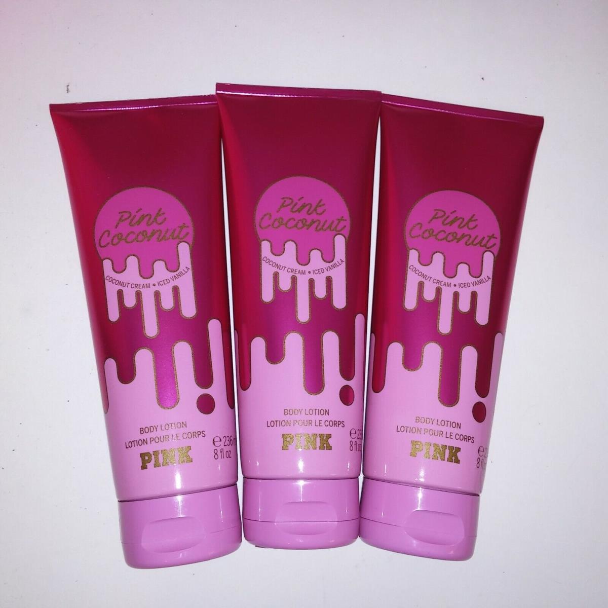 Set of 3 Victoria Secret Pink Body Lotion Pink Coconut Full Size 8oz Each Gift