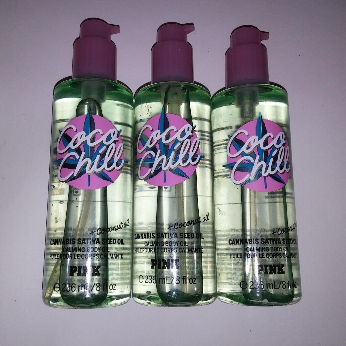 Set of 3 Victoria Secret Pink Coco Chill Calming Body Oil Full Size 8oz Each