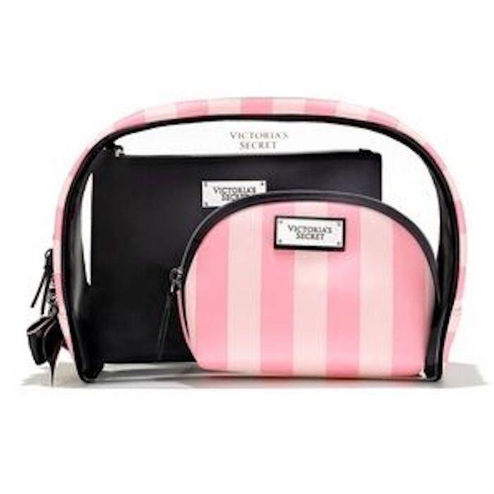 Victorias Secret Limited ED 3 Pc Set Iconic Stripe Bow Cosmetic Bag Makeup