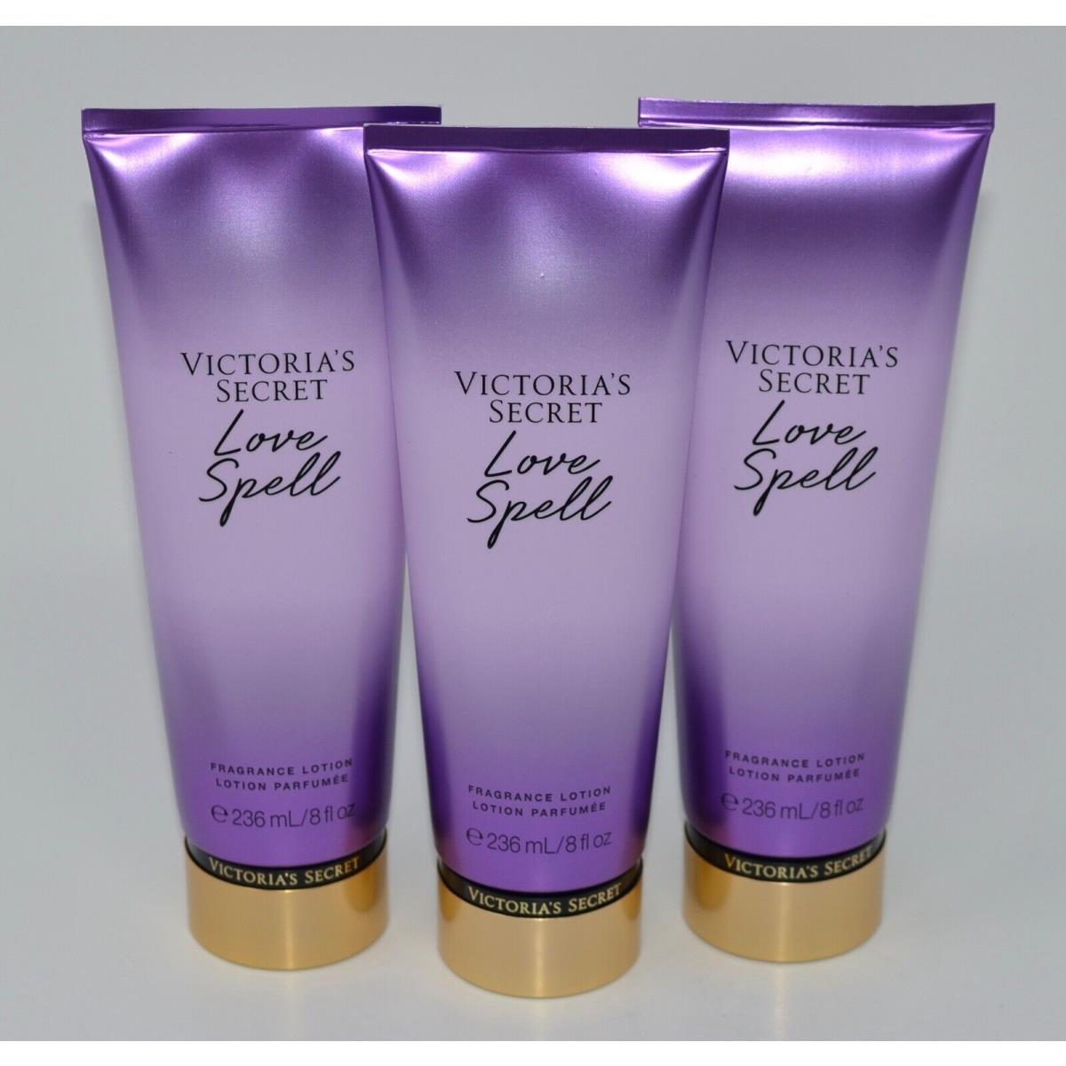 3 Victoria`s Secret Love Spell Fragrance Lotion Body Hand Cream 8 OZ Purple