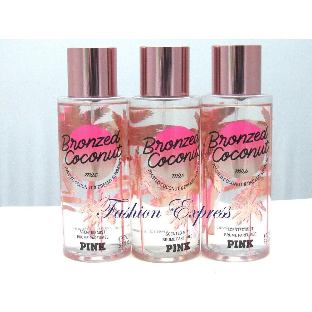 Victoria`s Secret Pink Bronzed Coconut Body Mist Spray 8.4 FL OZ Lot OF 3 Pcs