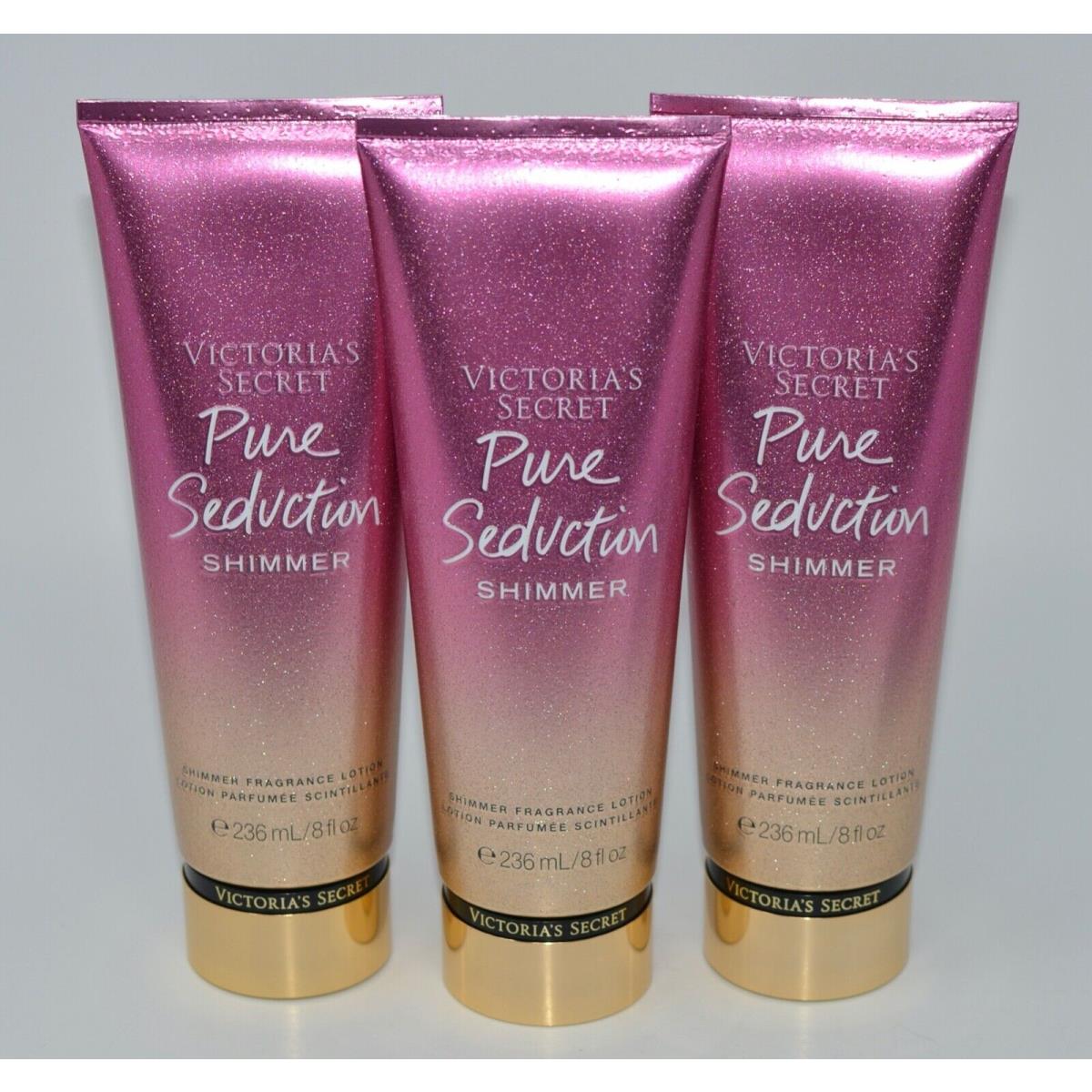 3 Victoria`s Secret Pure Seduction Shimmer Fragrance Lotion Body Hand Cream 8 OZ