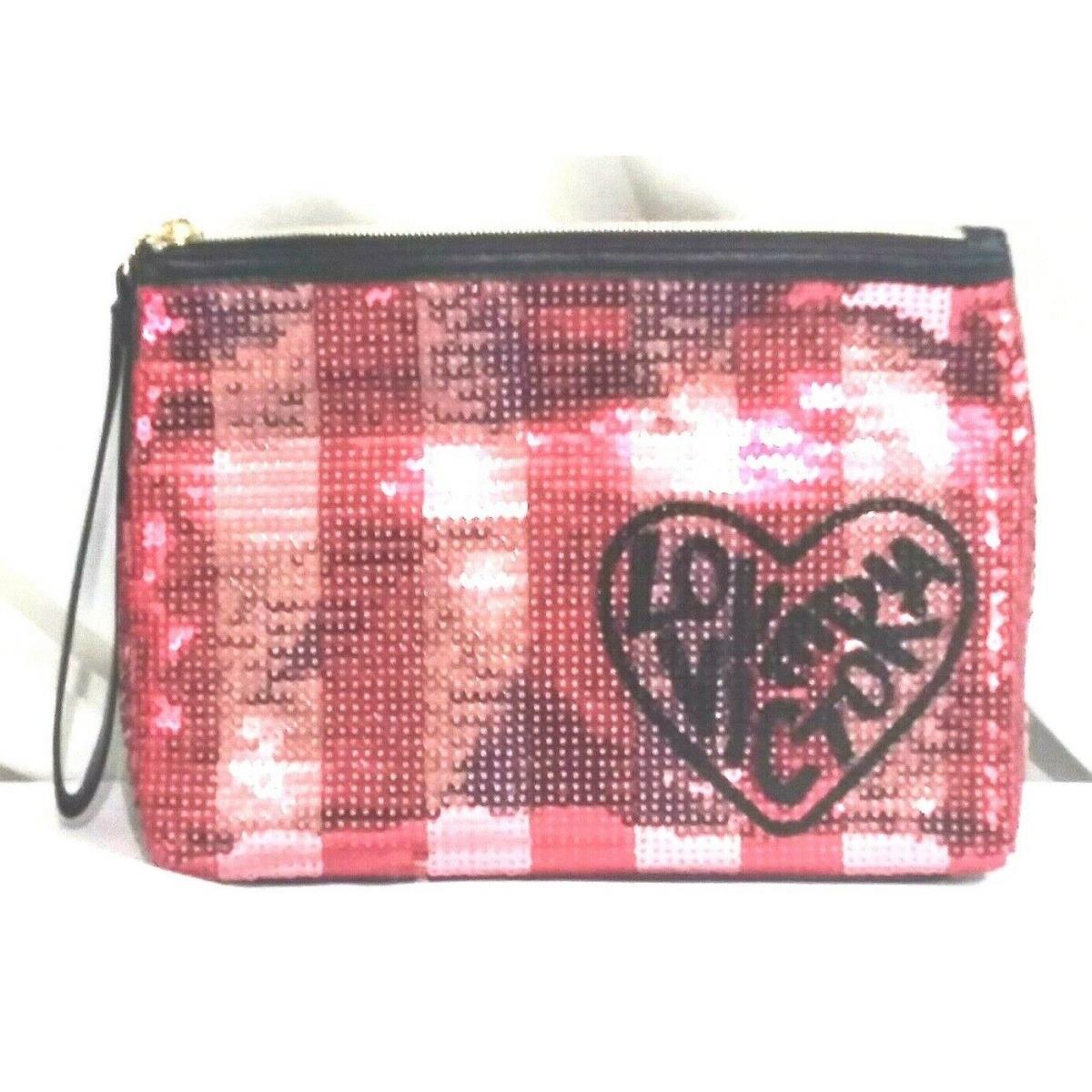 Victorias Secret Beauty Pouch Sequins Bling Iconic Stripe Cosmetic Wristlet