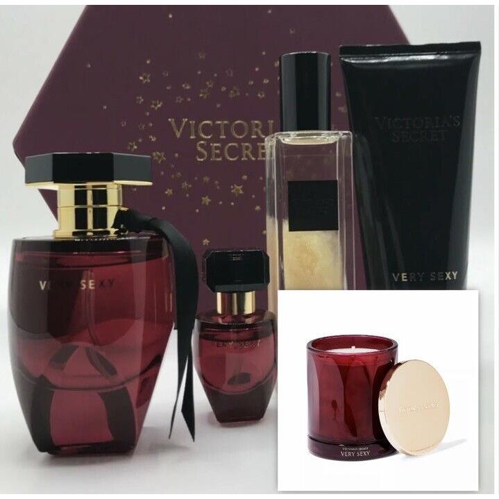 Victoria`s Secret VS Very Sexy 5 Pc Set Parfum Spray Mini Spray Shimmer Oil Shower Gel and Candle