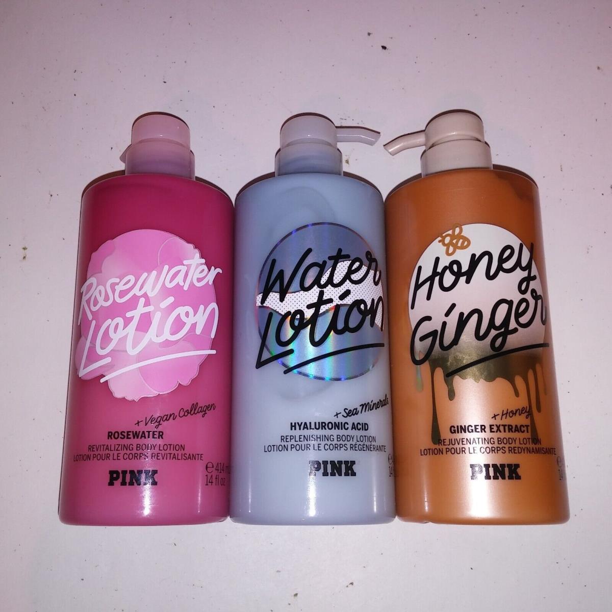 Set of 3 Victoria Secret Pink Lotion Assorted Water Lotion Honey Ginger Rosewate