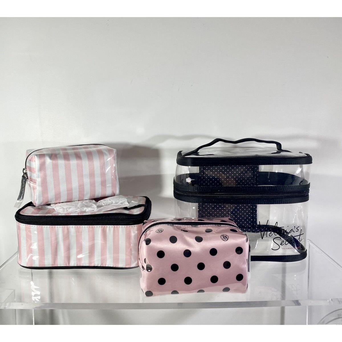 4Pc Victoria s Secret Y2K Cosmetic Makeup Travel Bags Pink Stripe Clear Plastic