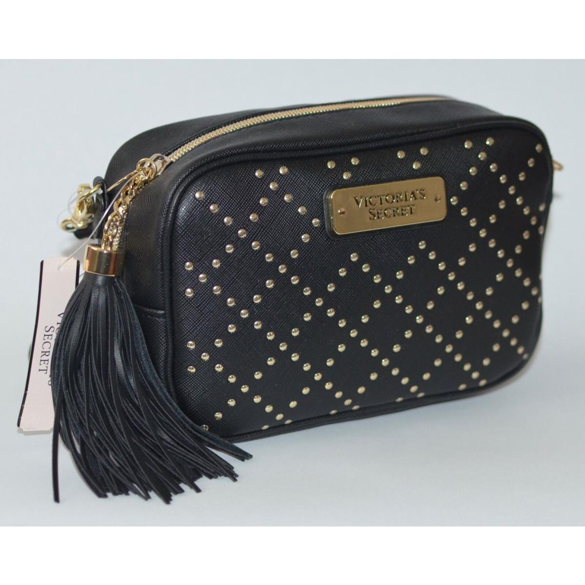 Victoria Secret Black Studded Crossbody Purse Handbag Beauty Shoulder Bag Tassel