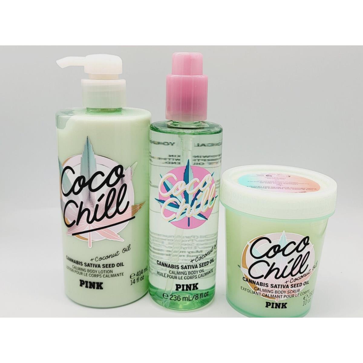 Victoria`s Secret Pink Coco Chill Sativa Set Body: Lotion Scrub and Body Oil