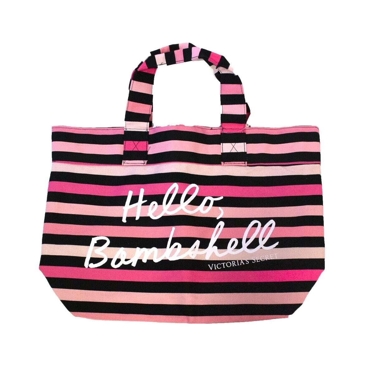 Victoria`s Secret Hello Bombshell Tote Beach Bag Black Pink Stripe