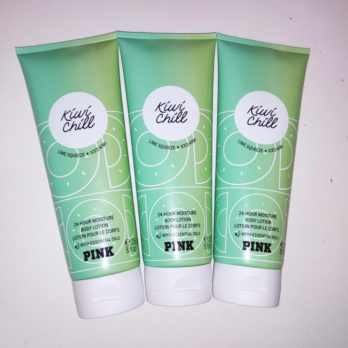 Set of 3 Victoria Secret Pink Lotion Kiwi Chill 24 Hr Moisture Full Size 8oz Eac