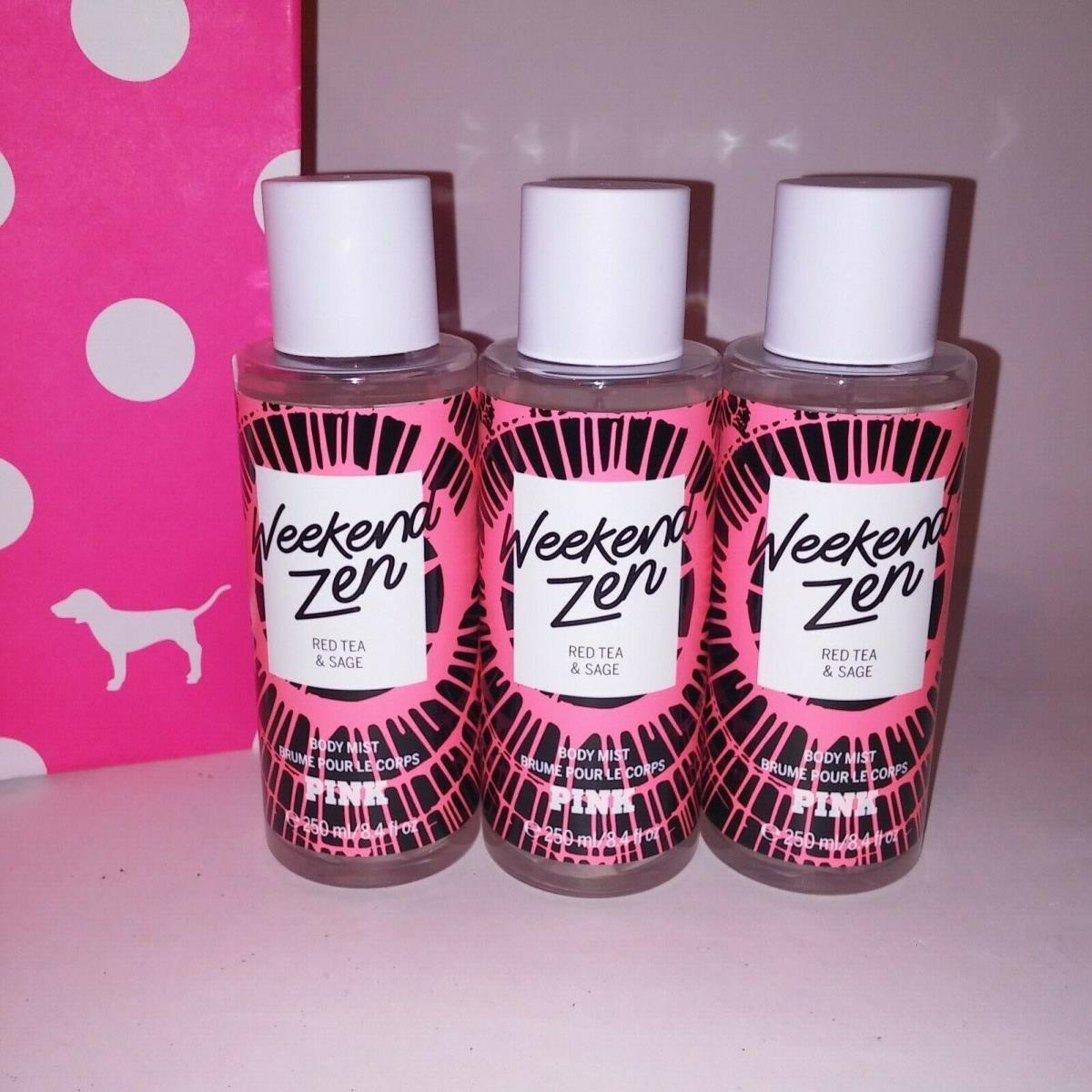 Set of 3 Victoria Secret Pink Body Mist Spray Weekend Zen Red Tea Sage Lot