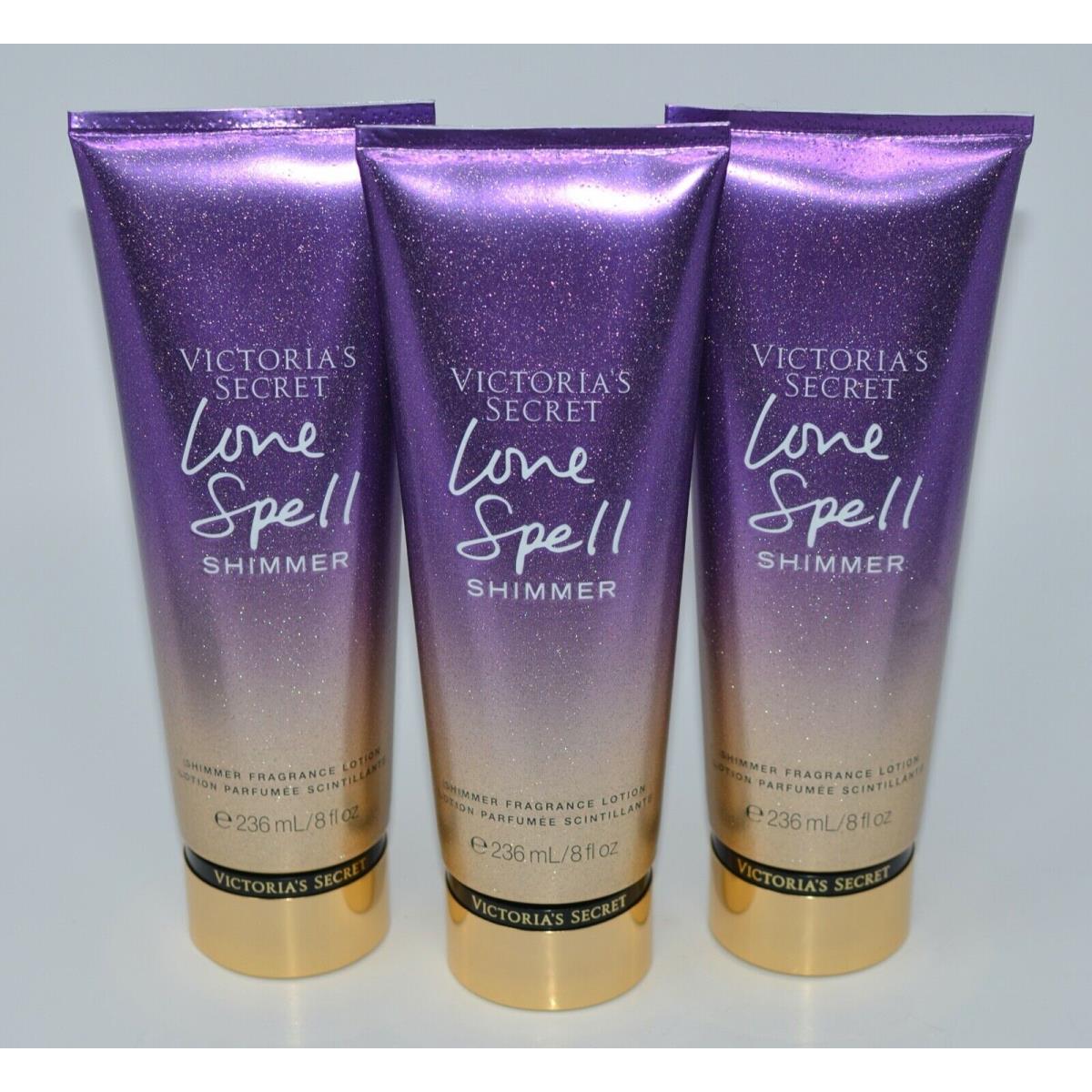 3 Victoria`s Secret Love Spell Shimmer Fragrance Lotion Body Hand Cream 8 OZ