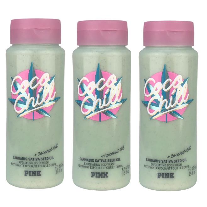 3X Victorias Secret Pink Coco Chill Exfoliating Body Wash Cannibas Oil 16 oz