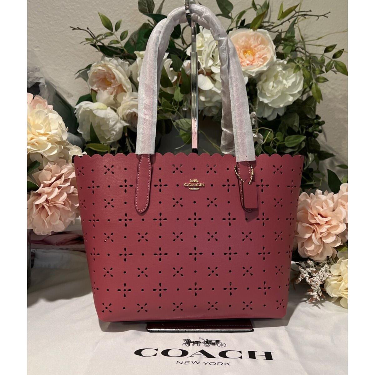 Coach Leather Laser-cut Small City Tote Shoulder Bag Rouge Pink