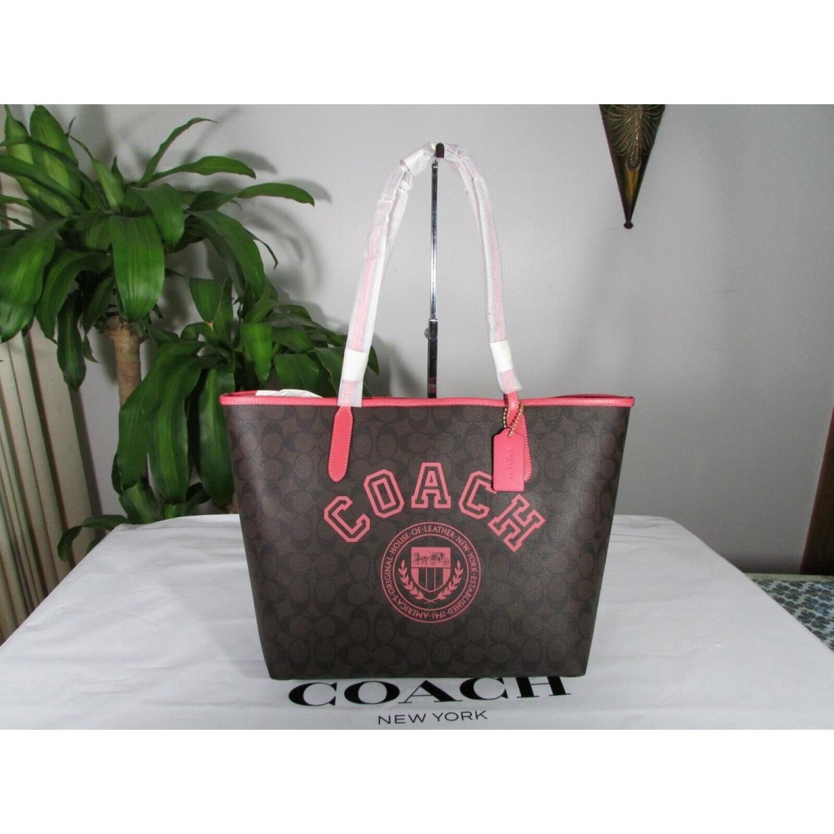 Coach Signature Canvas City Tote with Varsity Motif CB869 Brown / Watermelon