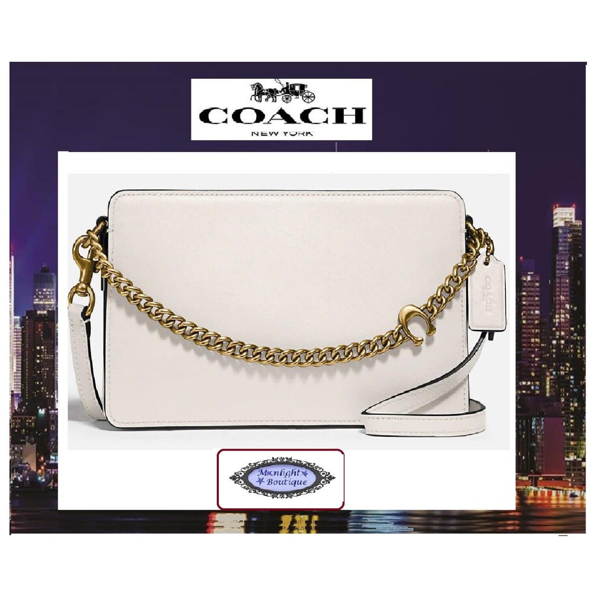 Coach Signatue Chain Conv. Clutch Crossbody Purse In Chalk Leather Brass