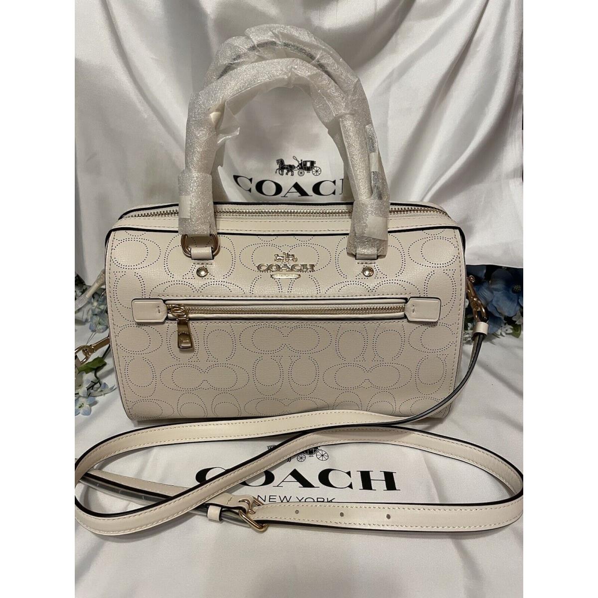 Coach Signature Perforated Leather Rowan Satchel W/crossbody Strap Chalk