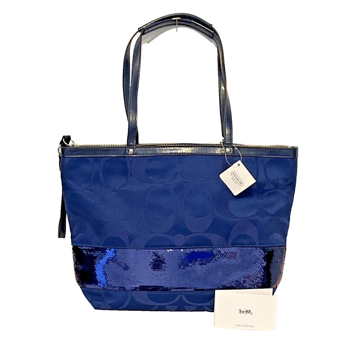 Coach Signature Sateen Sequin Blue Silver Hardware Tote Purse 17574