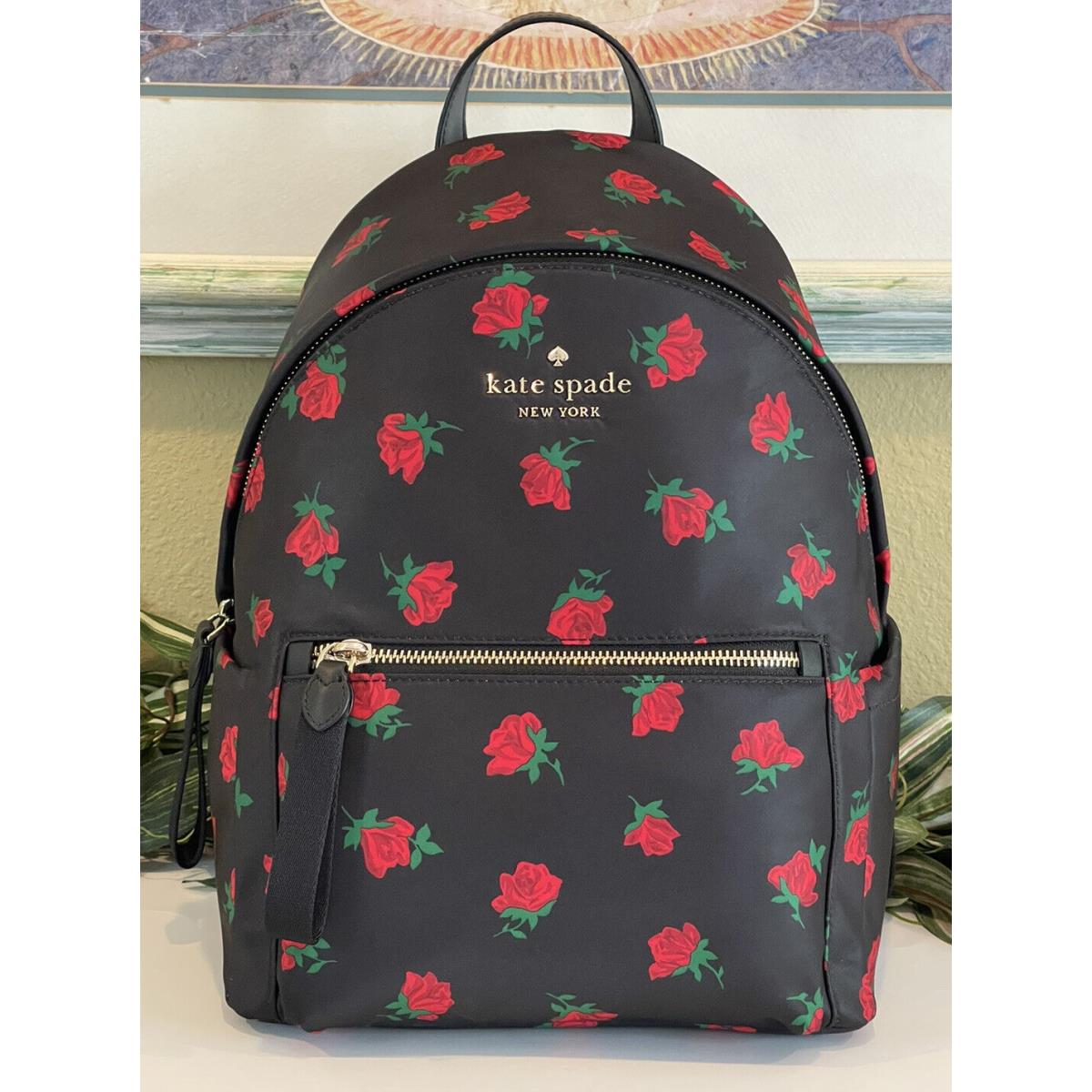 Kate Spade Chelsea Nylon Medium Backpack Rose Red Black Tote Bag Purse Travel