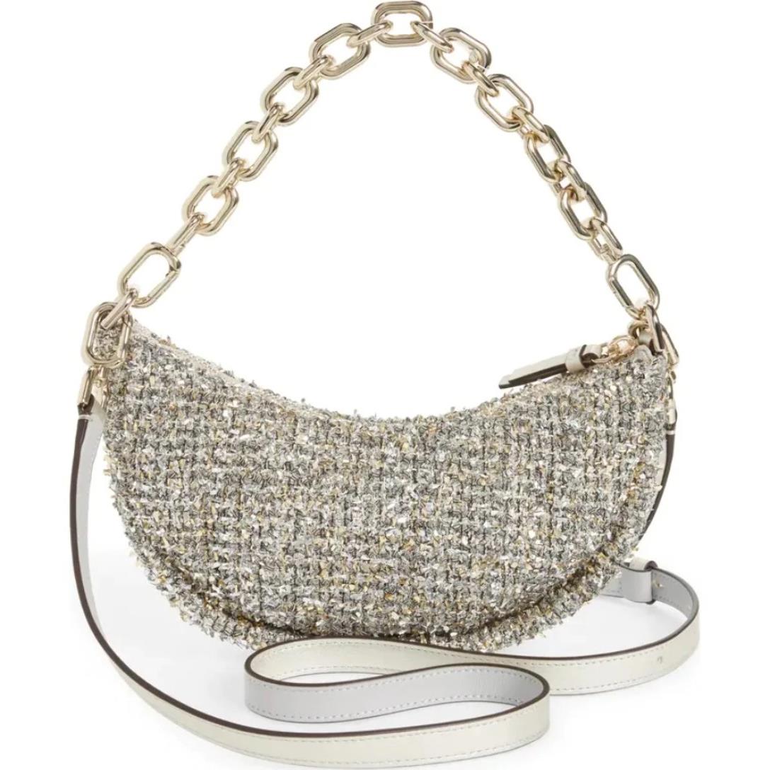 Kate Spade Smile Crossbody Bag Silver Tweed Metallic Small Leather Chain Strap