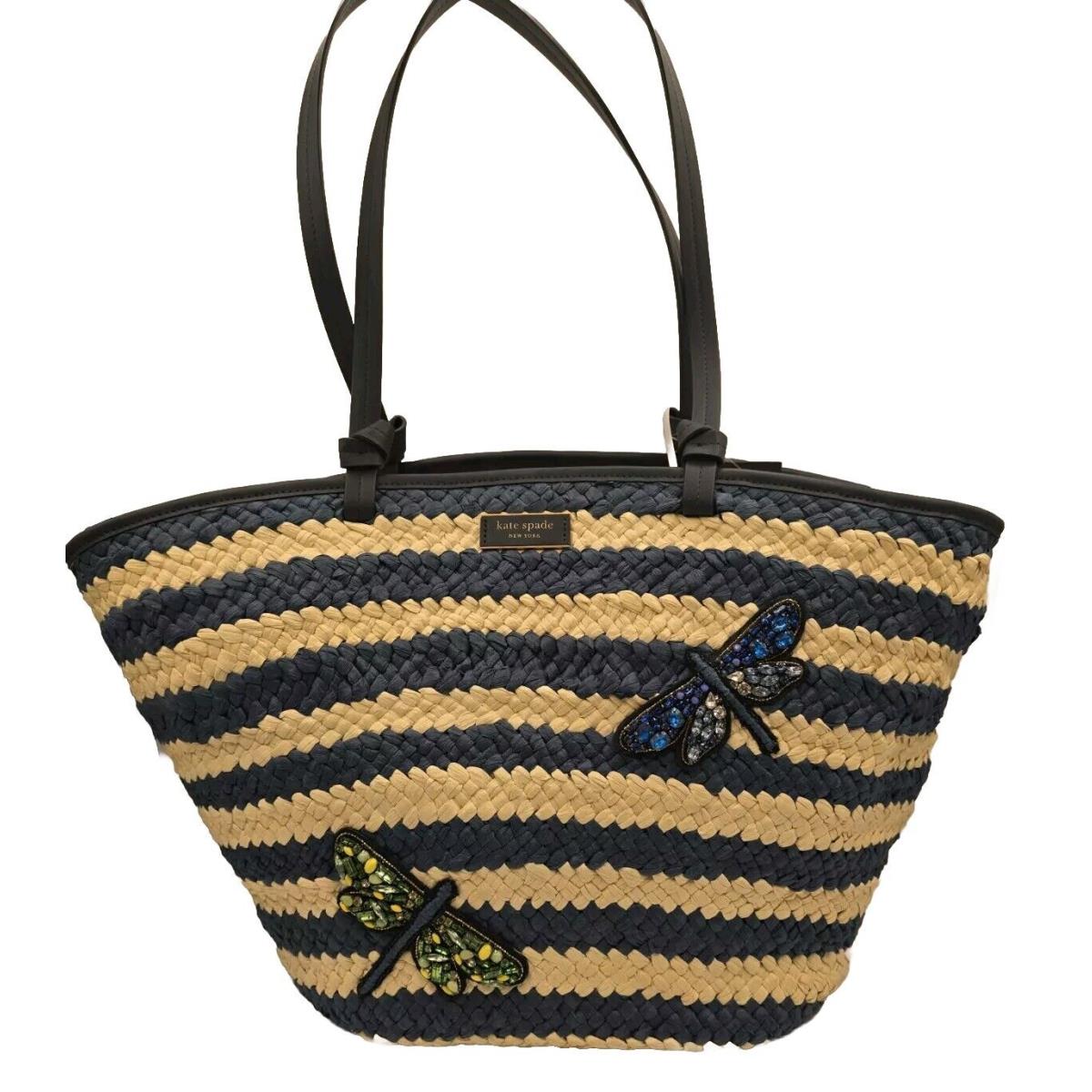 Kate Spade Shore Thing Dragonfly Embellished Striped Straw Large Tote