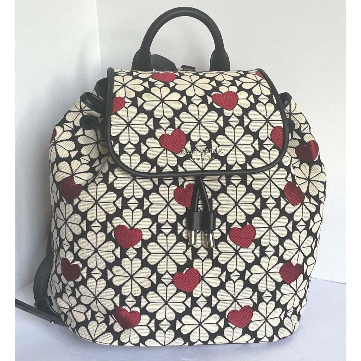 Kate Spade Backpack Medium Flap Jacquard Floral Hearts Leather Trim Bag