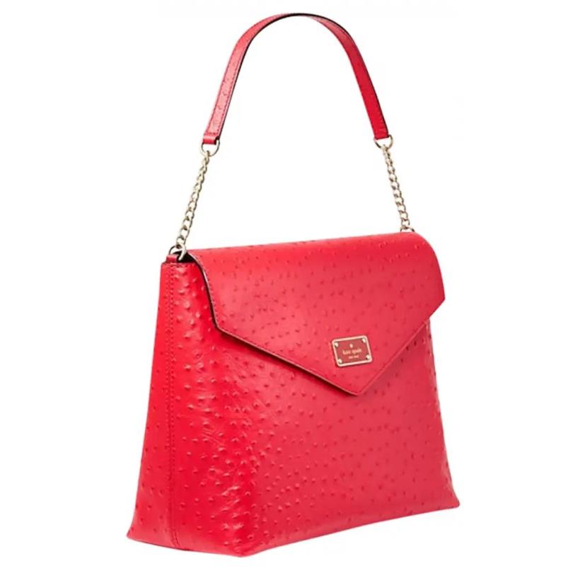 Kate Spade Red Ostrich Embossed Leather Shoulder/tote Bag W/flap Top Closure