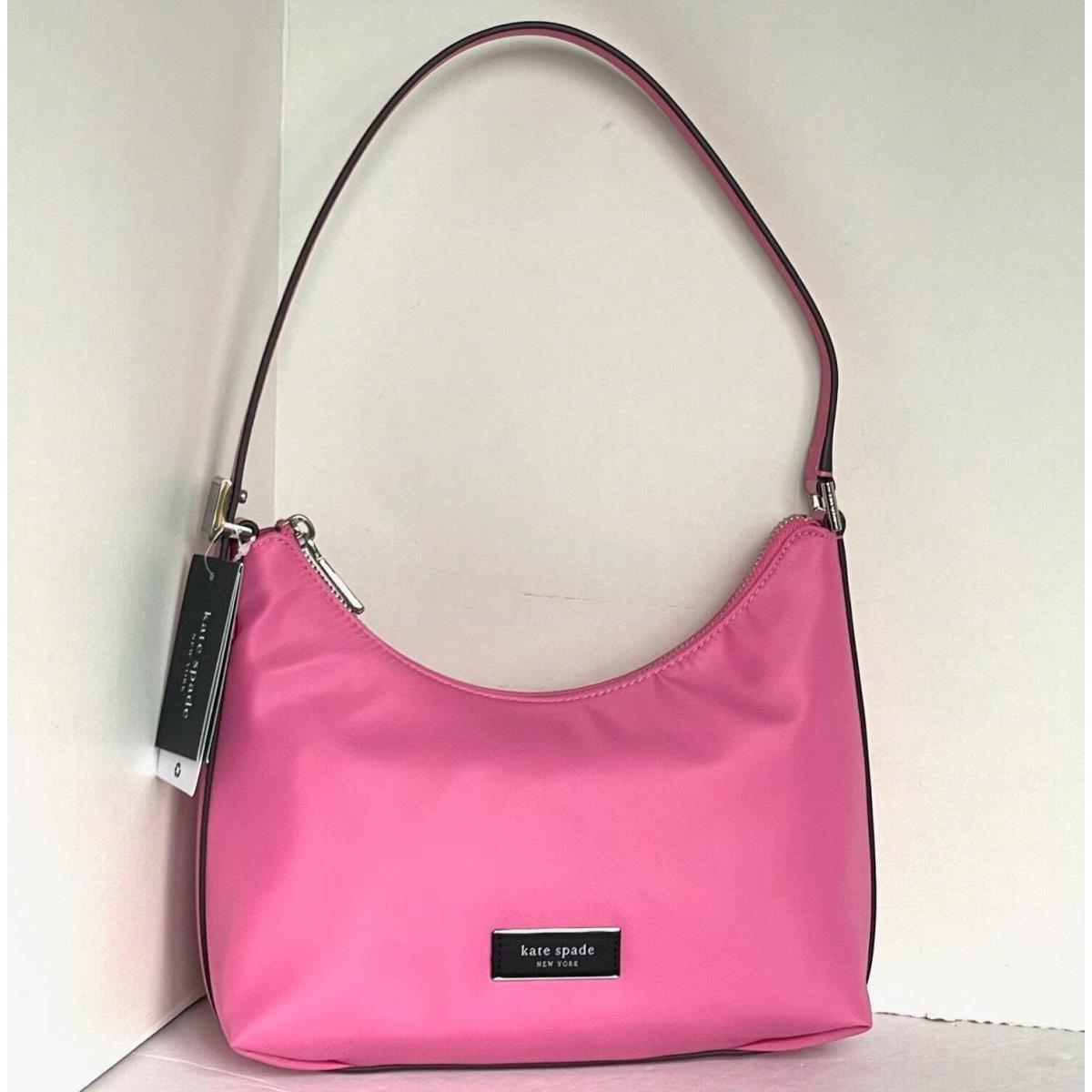 Kate Spade Sam Icon Ksnyl Pink Nylon Small Shoulder Bag 90s Top Zip Leather