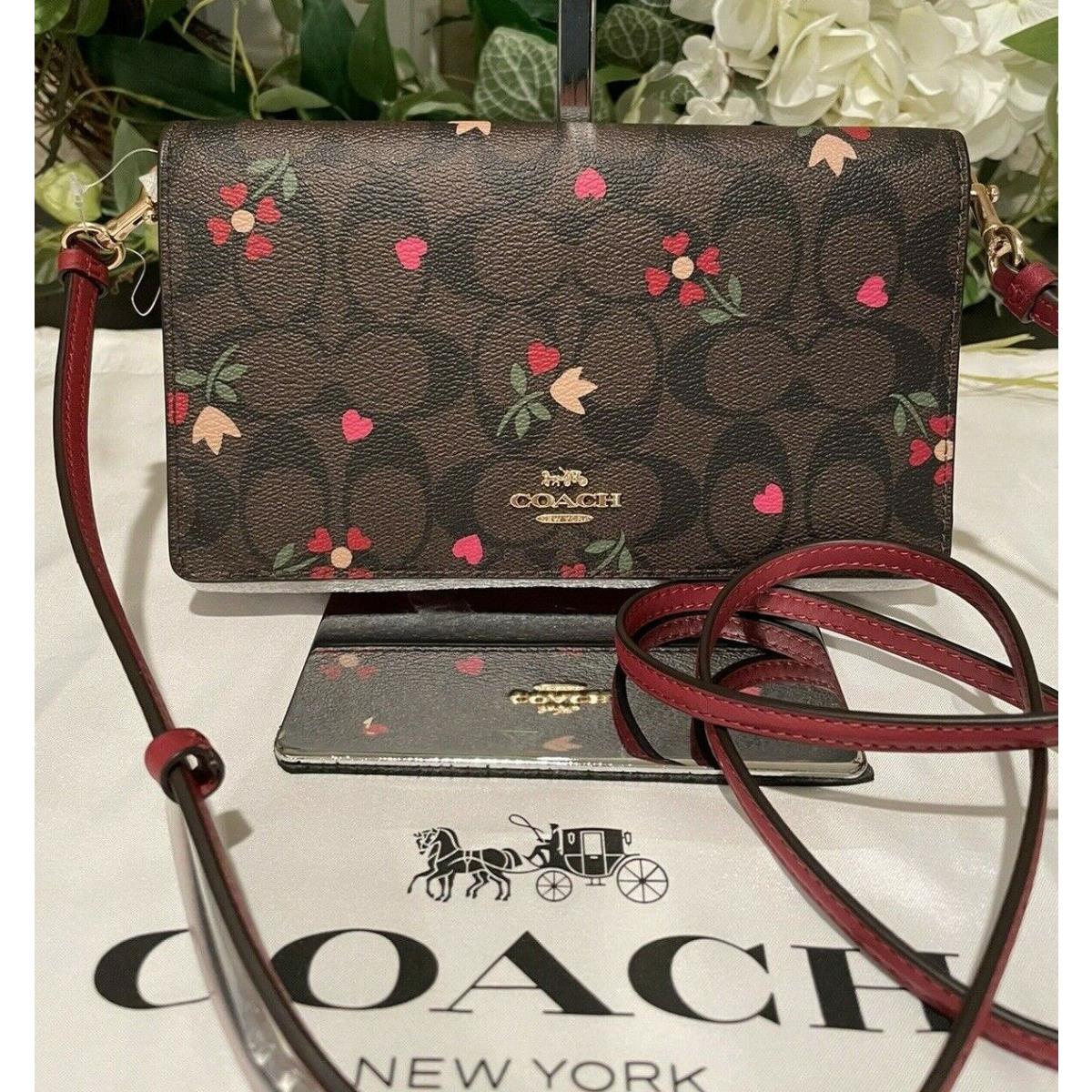 Coach Signature Anna Foldover Clutch Crossbody W/heart Petal Print Brown/pink