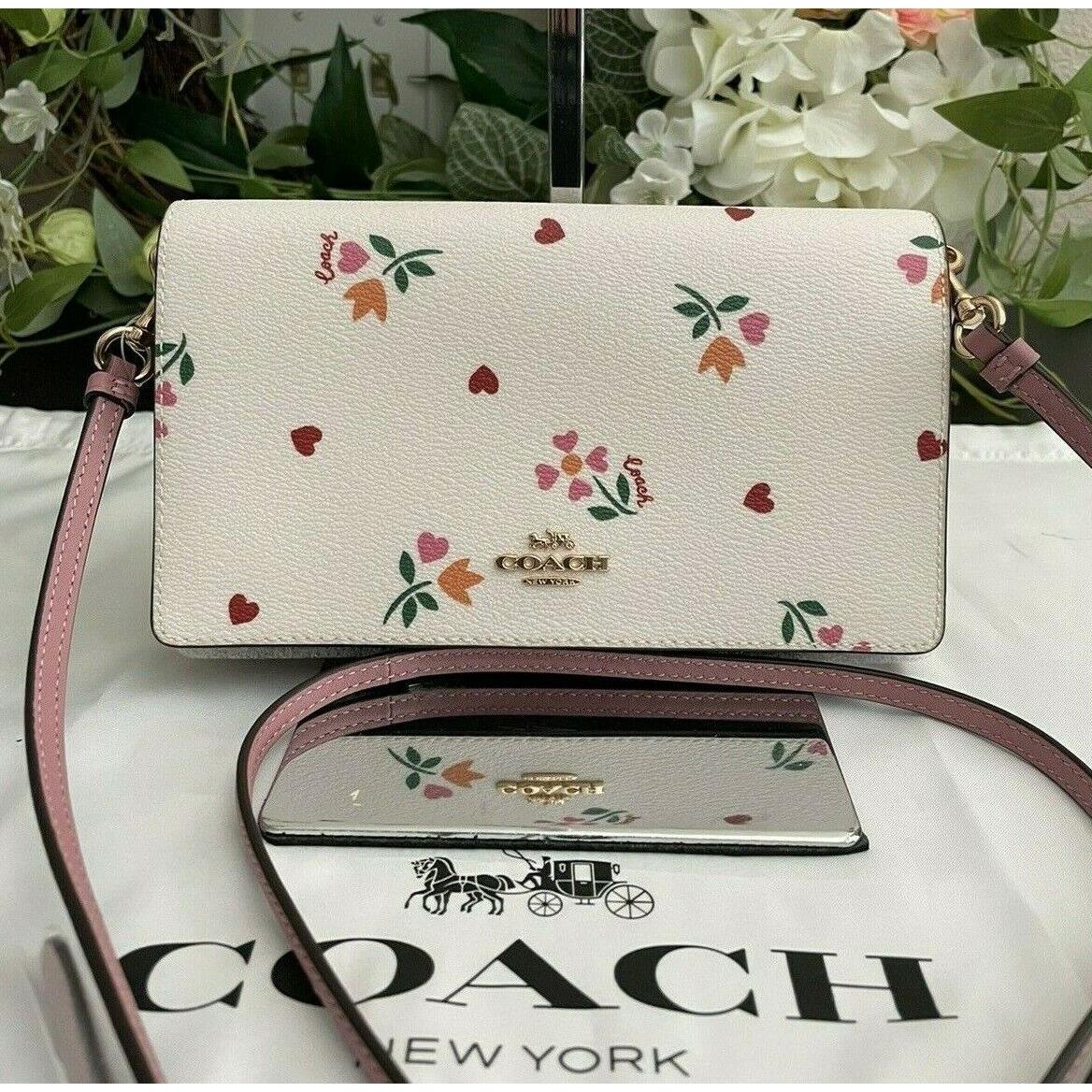 Coach Anna Foldover Clutch Crossbody W/heart Petal Print Pink/chalk/multi