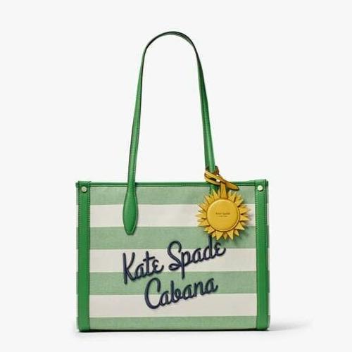 Kate Spade Market Cabana Medium Canvas Tote Beach Bag Green Multi Stripe