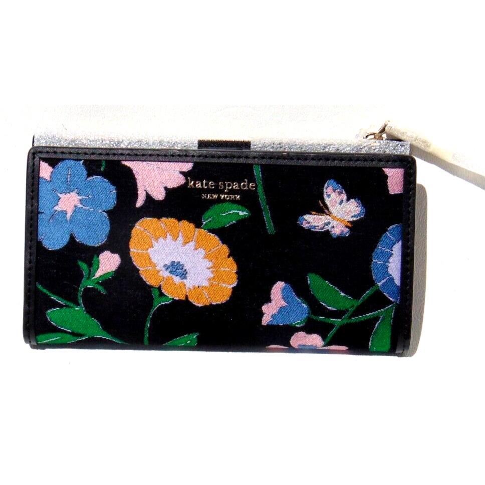 Kate Spade New York Black Multi Floral Garden Jacquard Zip Slim Wallet