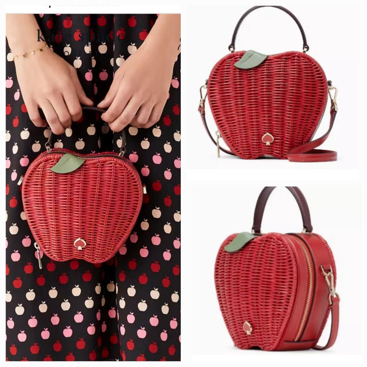 Kate Spade Honeycrisp Red Apple Wicker Basket Crossbody Strap Bag Purse