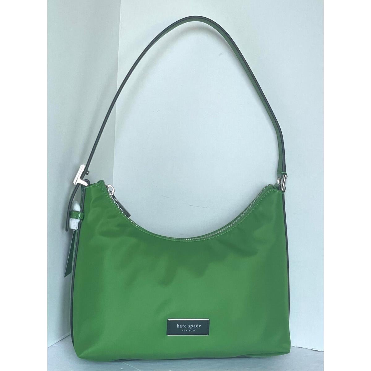 Kate Spade Sam Icon Ksnyl Green Nylon Small Shoulder Bag 90s Top Zip Leather