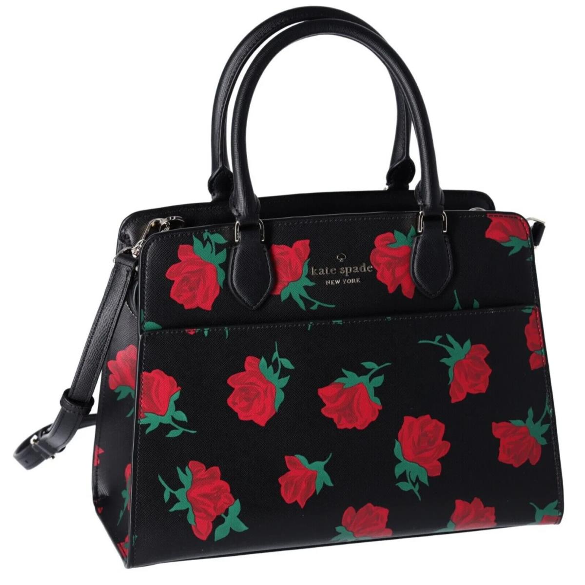 Kate Spade Madison Rose Toss Printed Medium Satchel Black Red Rose CR T35