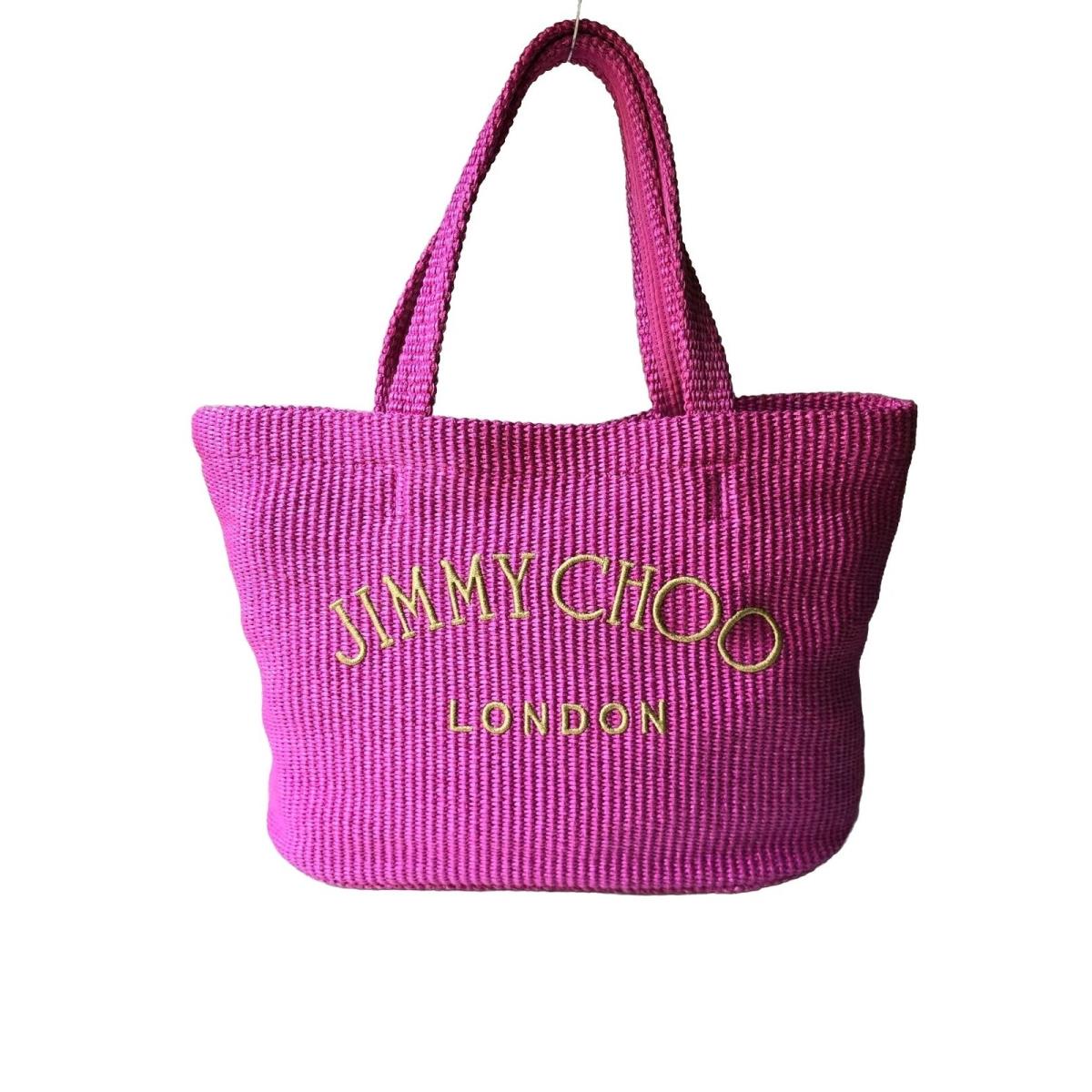 Jimmy Choo East West Raffia Beach Tote Fuchsia Pink Gold Logo Straw Bag Large
