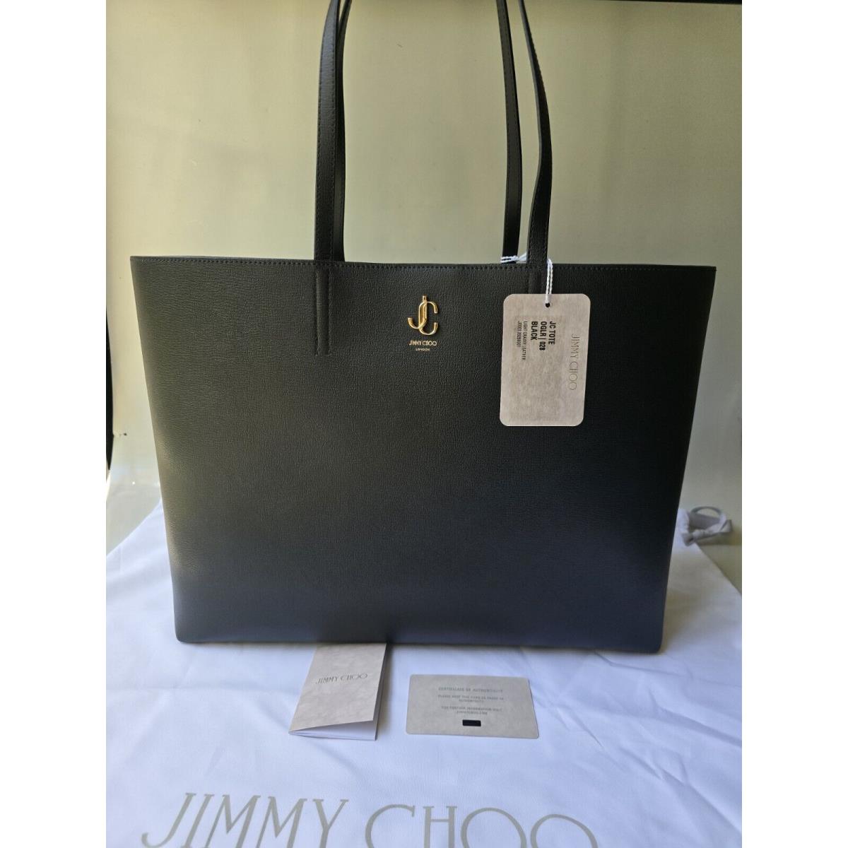 Jimmy Choo JC Tote Large Black Grainy Leather Double Handle Bag Gold Logo 2K