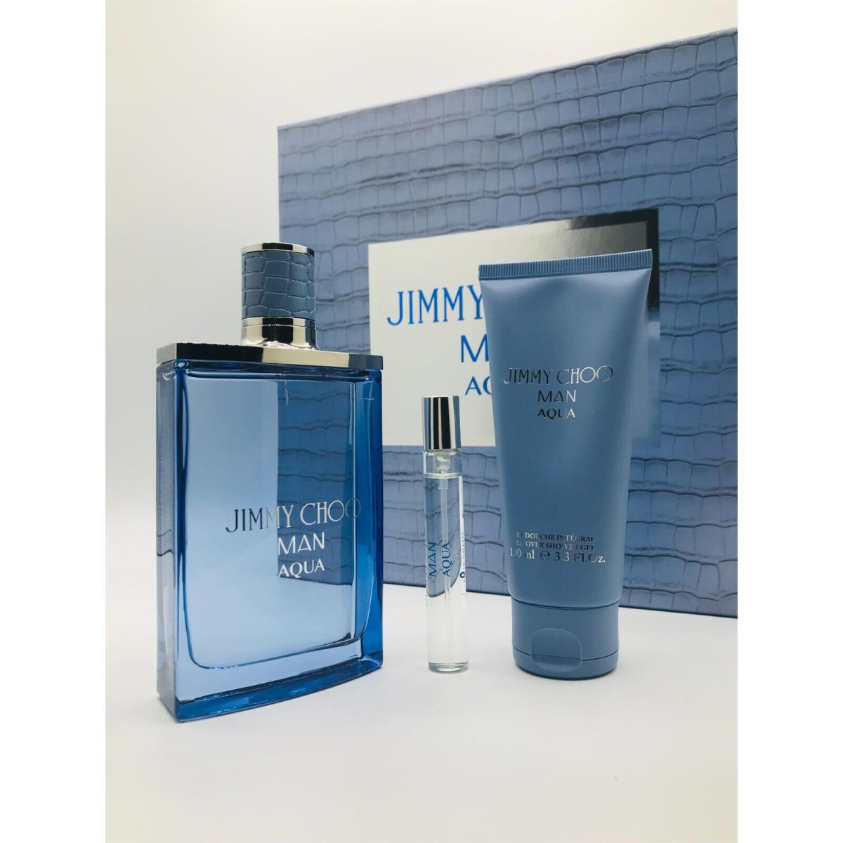 Jimmy Choo Aqua Men 3pc Set Cologne Spray 3.3 oz Shower Gel Mini Spray .25 oz