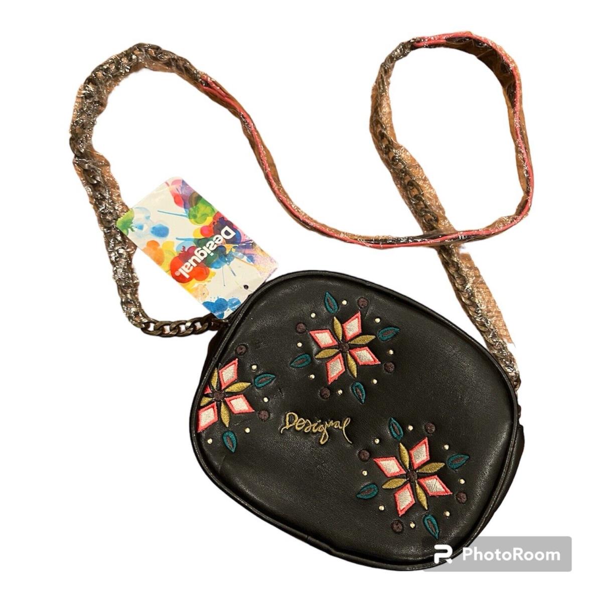 Desigual Floral Medallion Crossbody Bag Purse Chain Strap Black Zip Top