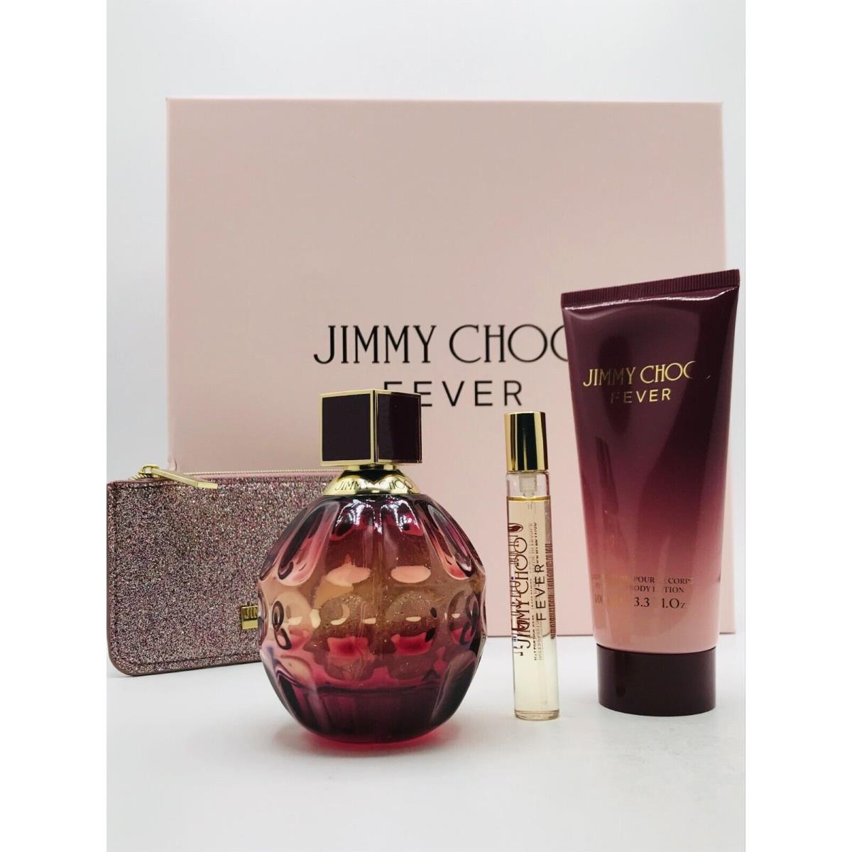 Jimmy Choo Fever 4pc Set Parfum Spray 3.3 oz Body Lotion Mini Spray and Pouch