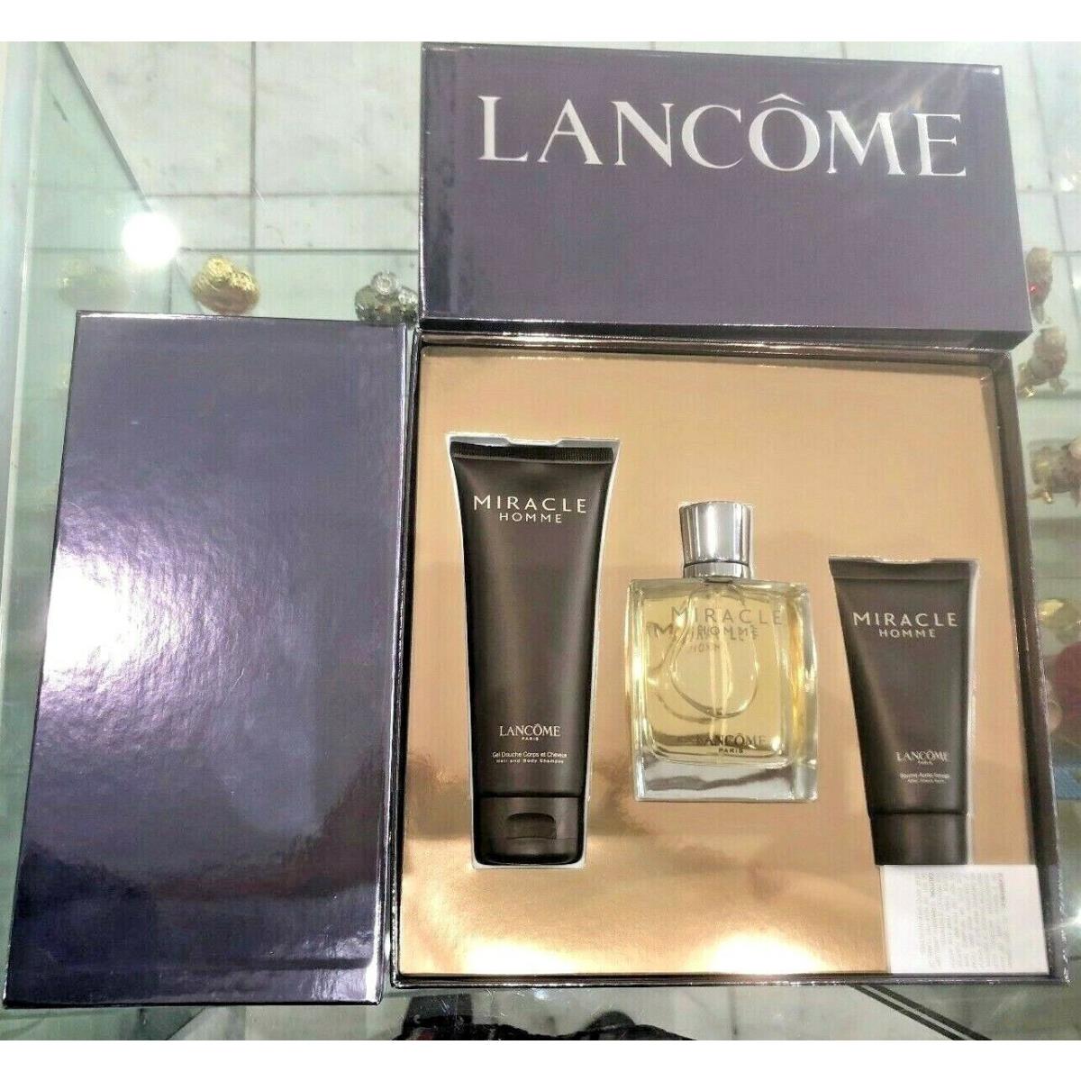 Lancome Miracle Homme Set w/ Edt 50ml Spray 50ml After Shave Balm 100ml Shampoo