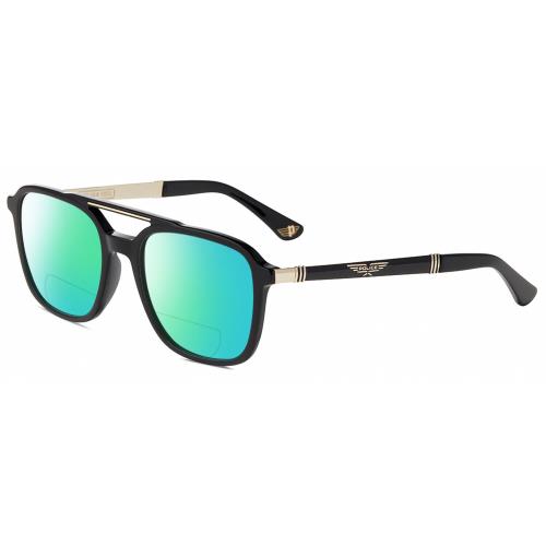 Police SPLA53 Unisex Polarized Bifocal Reading Sunglasses Black Gold 55mm 41 Opt Green Mirror