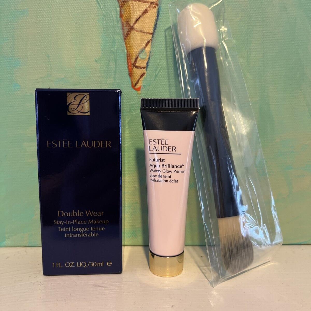 Estee Lauder Double Wear Foundation 3C1 Dusk + Futurist Aqua Glow Primer + Brush