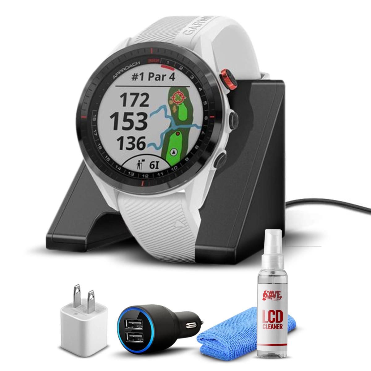 Garmin Approach S62 Gps Golf Watch + Charging Base + More Accessories Black Bezel/White Band