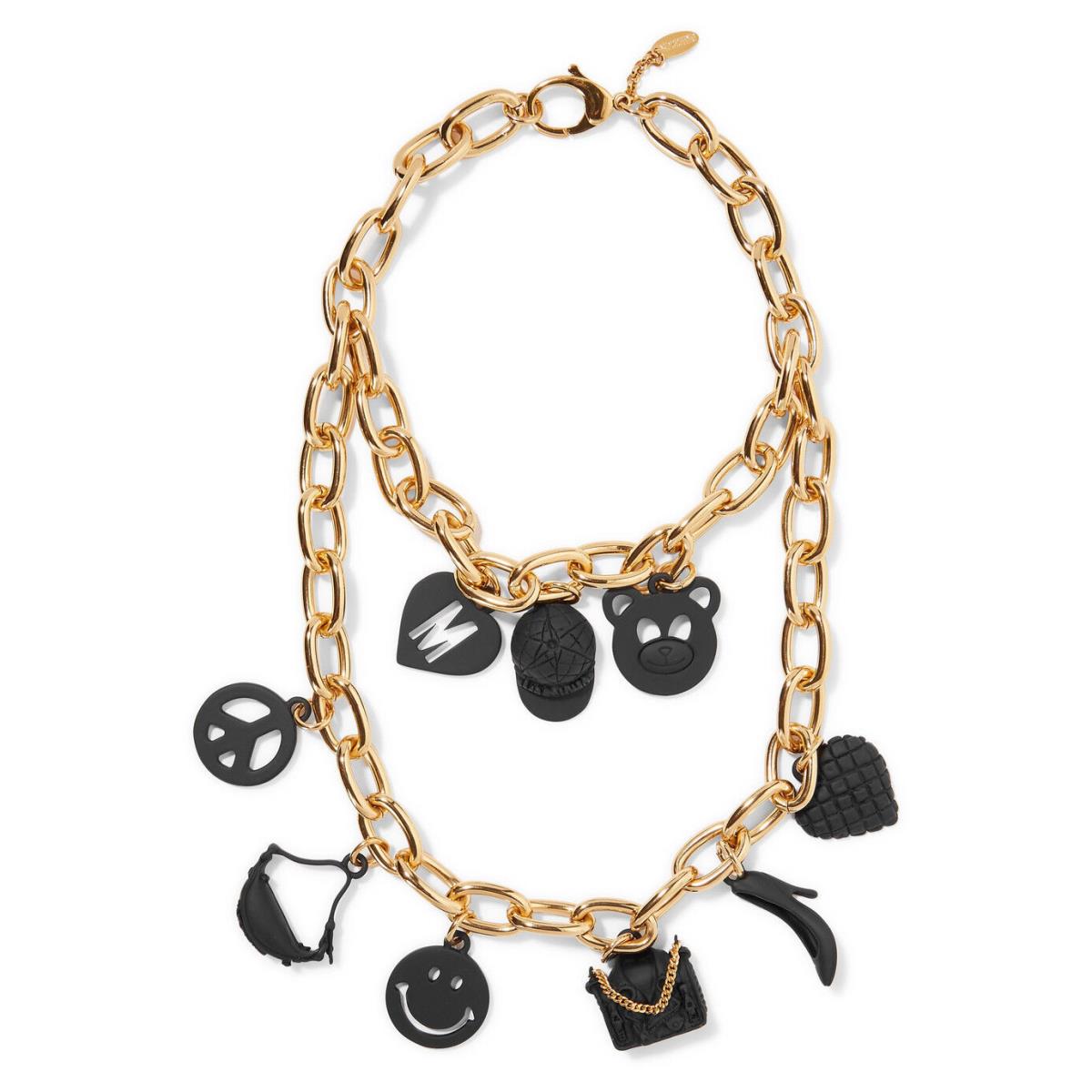 Moschino Couture Jeremy Scott Gold Black Metal Necklace Teddy Peace Smiley