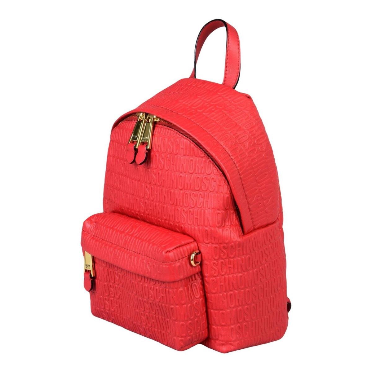 SS17 Moschino Couture Jeremy Scott Red Leather Backpack Wall Over Embossed Logo