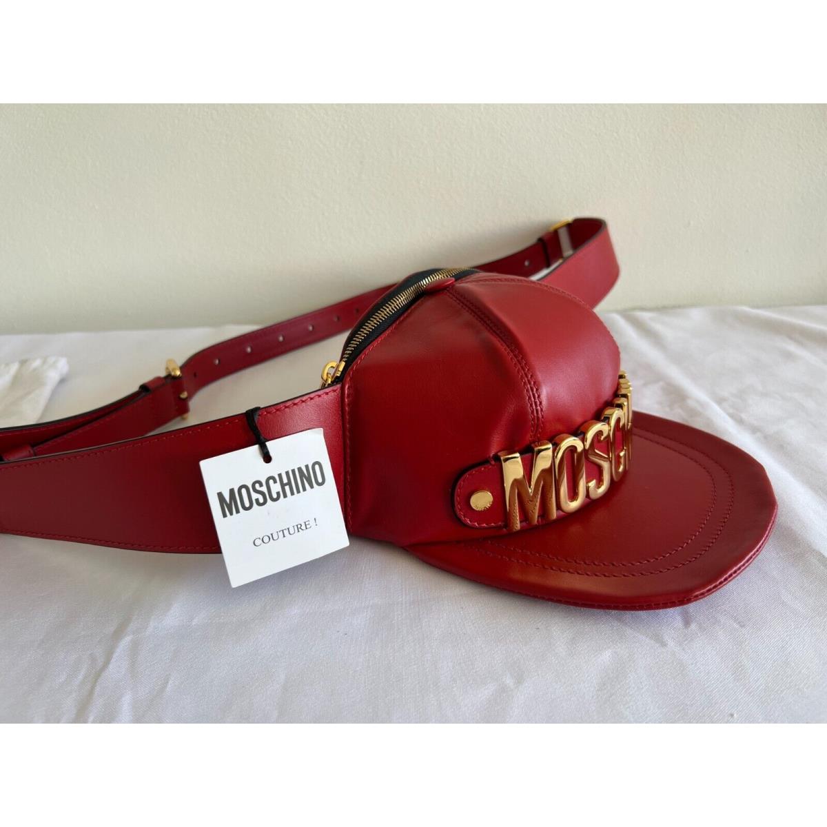 AW20 Moschino Couture Jeremy Scott Red Leather Hat Shaped Fanny Pack Gold Logo